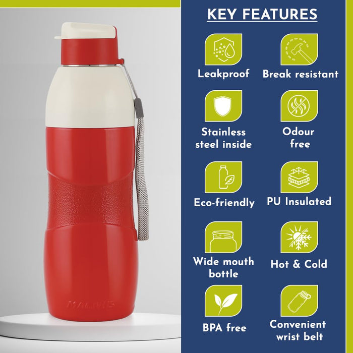 Magnus Quench 600 Sports Water Bottle - Insulated Bottle with Flip Lid, Leakproof Designed Bottle for Summer,Freezer-Friendly,Perfect for Kids & Adults for Office & School (Red, 580ml)