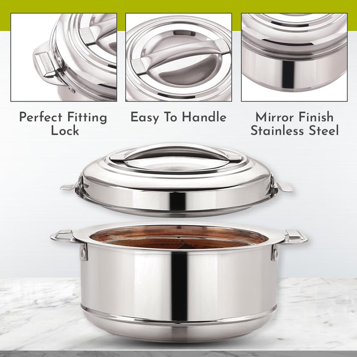 Magnus Rio Hot & Cold Double Walled Stainless Steel Casserole with Lid for 1000 ML, Silver | PU Insulated | Hygiene | Odourless | Stylish Design | Versatile Use for Storing Rice-Gravy-Roti