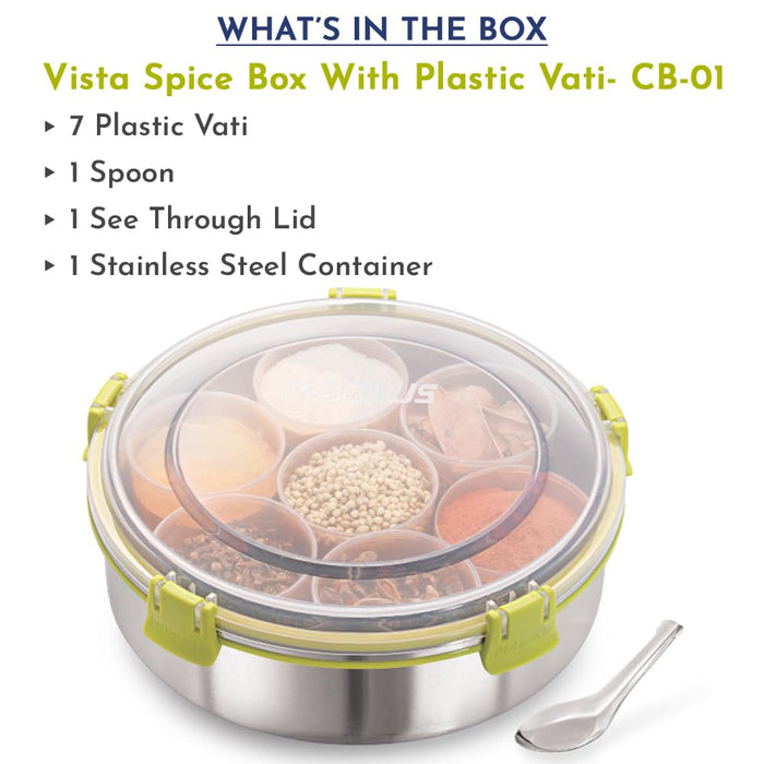 Magnus Vista 7 IN 1 Spice Box Stainless Steel with Middle Container Partitions | Masala Dabba Steel Masala Box For Kitchen Steel | Masala Dani For Kitchen See Through Lid | 7 Plastic Vati-Silver