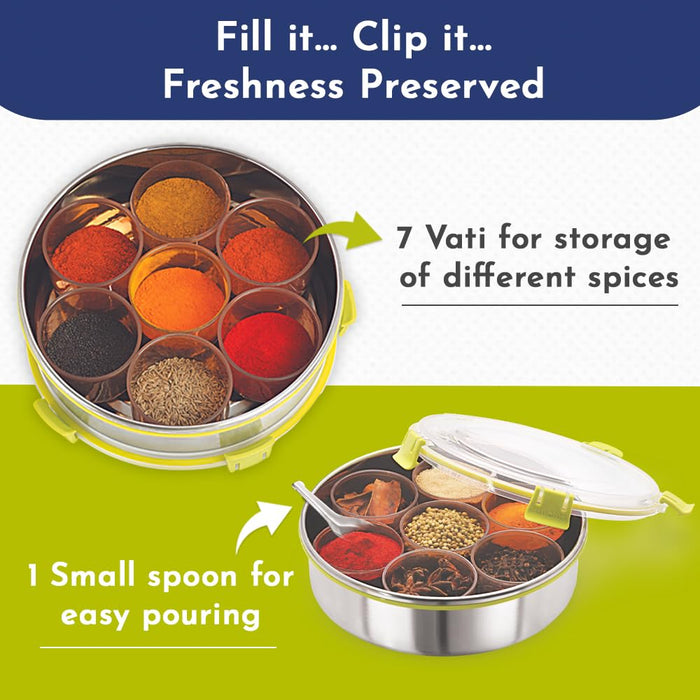 Magnus Vista 7 IN 1 Spice Box Stainless Steel with Middle Container Partitions | Masala Dabba Steel Masala Box For Kitchen Steel | Masala Dani For Kitchen See Through Lid | 7 Plastic Vati-Silver