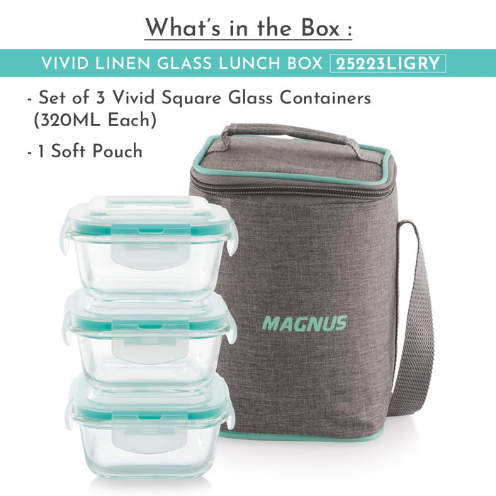 Magnus Vivid Glass Lunch Box with Linen Vertical Pouch and Fixed Clip, Includes 3 Square Airtight, Leakproof, Microwave Safe Borosilicate Glass Containers, 320 ML Each - Premium Lunch Boxes