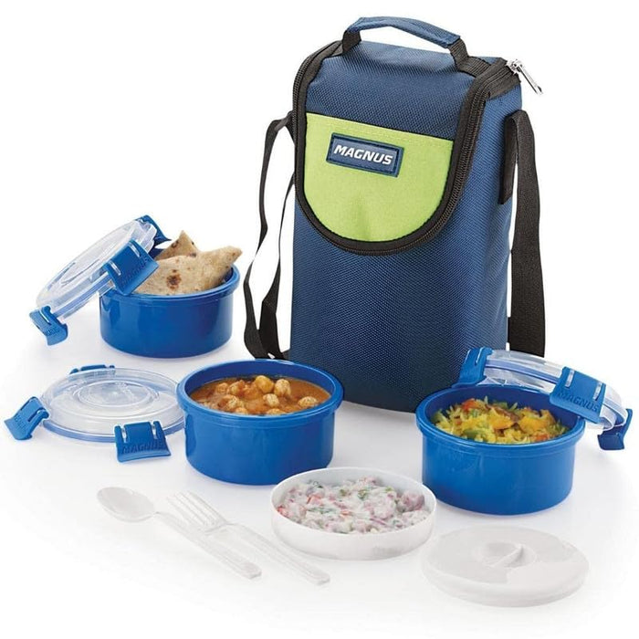 Magnus Vega 3 Blue Lunch Box Set | Leak-Proof 900ml Containers with Insulated Bag | Lunch Box for Kids & Adults | Lunch Boxes for Office Men & Women | Stylish Tiffin with Washable Cover