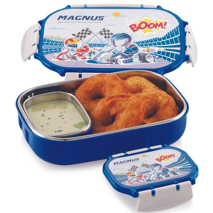 Magnus Spike Kids PP Blue Lunchbox - 800ml Stainless Steel Tiffin & 150ml Container | Airtight, Leakproof Lunch Box | Easy Carry for Boys & Girls | Lunch Box for Kids & Office Men