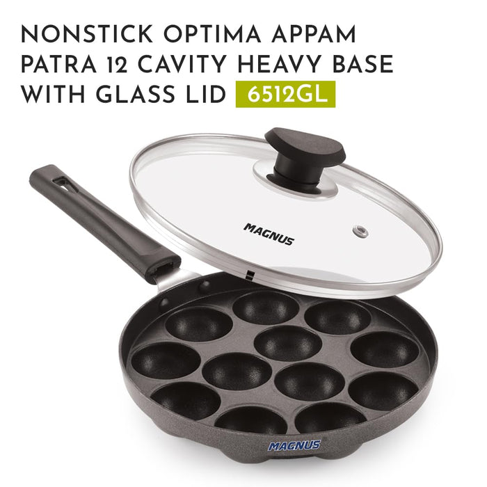 Magnus Heavy Base Non-Stick Appam Pan with Lid - 12 Cavities, 20cm, Black | Appe Maker Non Stick Appam Maker with Glass Lid | Gas Stove Compatible | Paniyarrakal | Appam Chatty Cake Maker