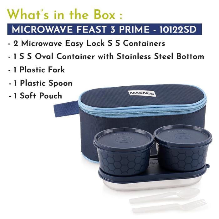 Magnus Feast 3 Prime Microwave Safe Stainless Steel Lunch Box for Kids | Leakproof Tiffin with Insulated Cover | BPA-Free Containers | Lunch Boxes for Office Men & Women | Hot Food Safe | Blue