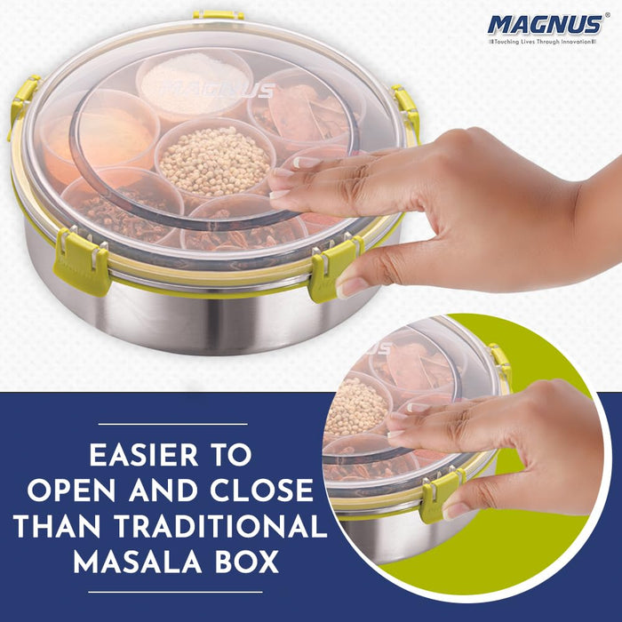 Magnus Vista 7 IN 1 Spice Box Stainless Steel with Middle Container Partitions | Masala Dabba Steel Masala Box For Kitchen Steel | Masala Dani For Kitchen See Through Lid | 7 Plastic Vati-Silver