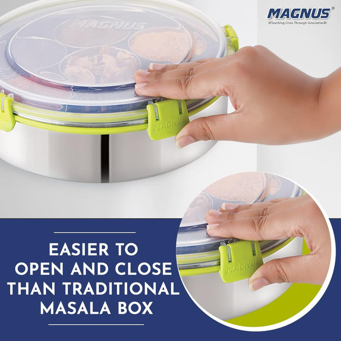 Magnus 7 in 1 Vista Spice Box Stainless Steel Stylish Extra Large | Masala Box for Kitchen Steel | Masala Dani for Kitchen | See through lid 7 containers, 1 Spoon (22.5cms) Silver