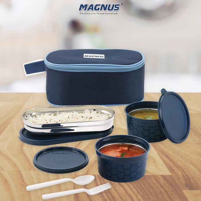 Magnus Feast 3 Prime Microwave Safe Stainless Steel Lunch Box for Kids | Leakproof Tiffin with Insulated Cover | BPA-Free Containers | Lunch Boxes for Office Men & Women | Hot Food Safe | Blue