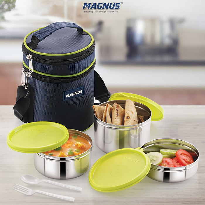 Magnus Romeo-3 Stainless Steel Lunch Box Set - Leakproof, Airtight Tiffin Containers with Insulated Bag - Ideal Lunch Box for Kids, Lunch Boxes for Office Men and Women - Easy Lock Design