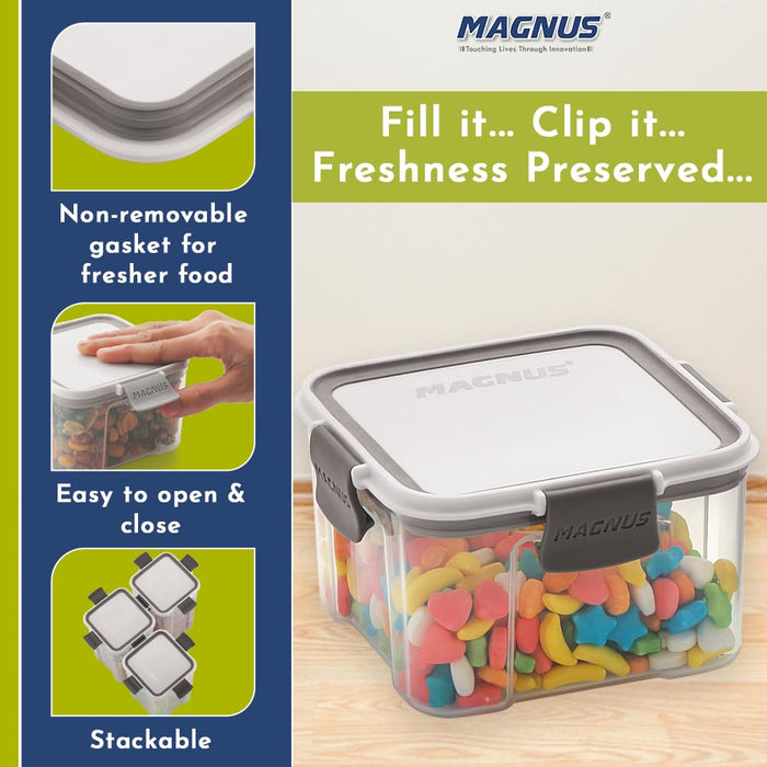 Magnus Modulock Airtight Food Kitchen Storage Container with Detachable Clip Lock | White & Grey Lid | Ultra Clear Transparent Containers | Stackable | Break Resistant | Set of 2 - 460 ml Each