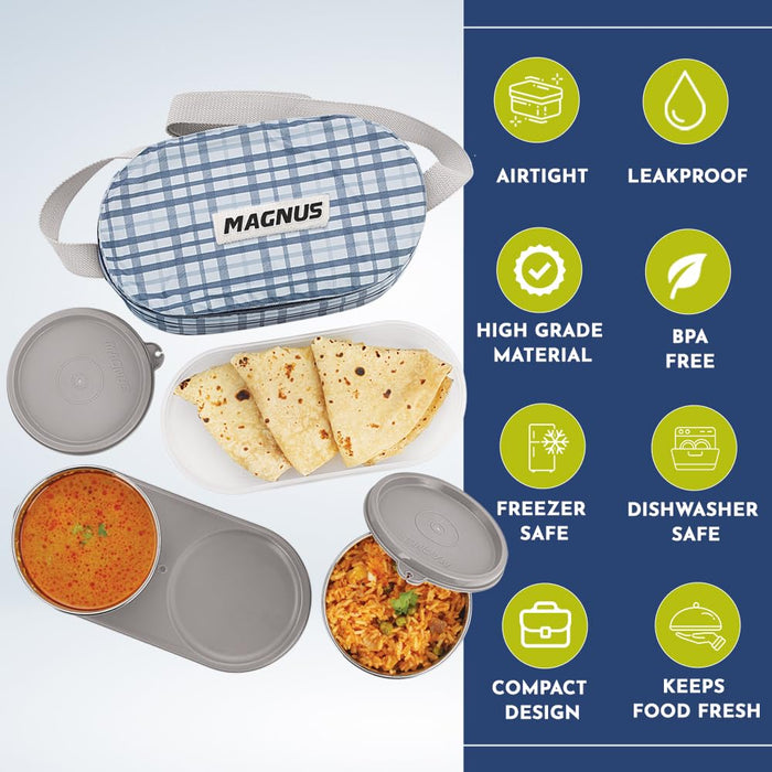 Magnus Deli Stainless Steel Lunch Box Set - Grey | Leakproof & BPA-Free | Lunch Box for Kids | Hot Food Safe | Air-Tight Seal Tiffin Containers | Ideal Lunch Boxes for Office Men & Women