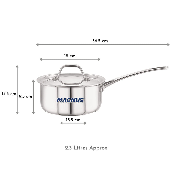 Magnus Triply Stainless Steel Sauce Pan with Stainless Steel Lid and Induction Bottom, 18 cm|2.2 L, Silver|Use for Home, Kitchen and Restaurant - Easy to Clean and Dishwasher Oven Safe