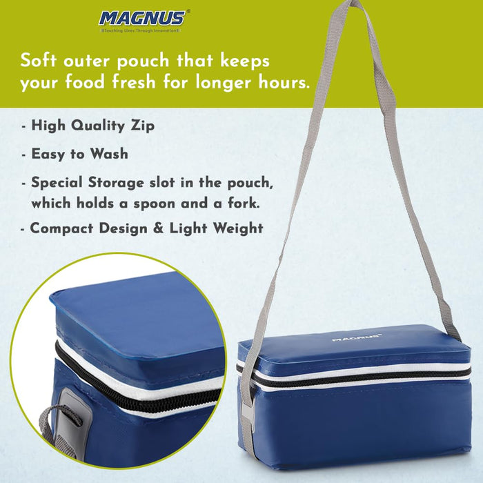 Magnus Fancy 3 Steel Lunch Box Set with Leak-Proof Containers, 3 Compartments, Washable Cover, and Stylish Carry Bag for Office and School, Safe and Stylish Design for Men and Women ( Blue )