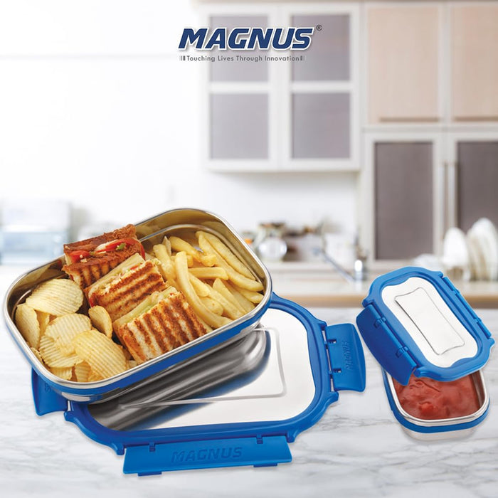 Magnus Bolt Deluxe Stainless Steel Lunch Box - Airtight & Leak Proof Tiffin, 2 Containers (800ml & 150ml), Ideal Lunch Box for Kids, Lunch Boxes for Office Men, Women & Picnic, Blue