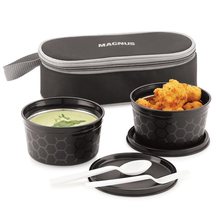 Magnus Feast 2 Microwave Safe Stainless Steel Lunch Box for Kids | Leakproof Tiffin with Insulated Cover | BPA-Free Containers | Lunch Boxes for Office Men & Women | Hot Food Safe | Black