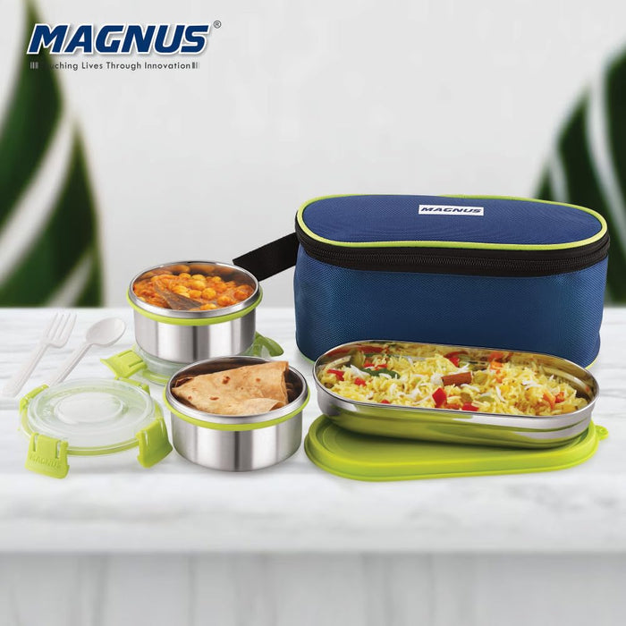 Magnus Avanza 3 Prime - Stainless Steel Leakproof Lunch Box with Klip Lock & Insulated Bag |Tiffin for Office, School, Men, Women, Kids | Airtight & BPA-Free Food Containers