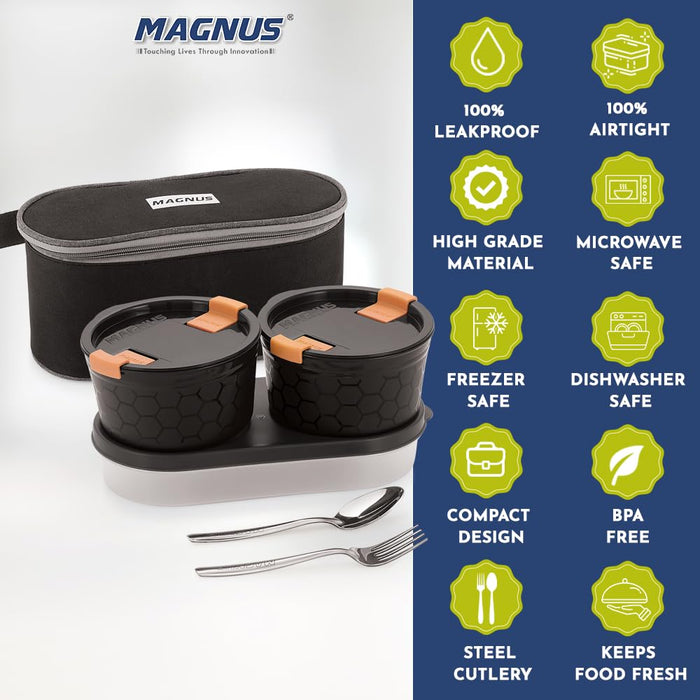 Magnus Microwave Olive 3 - Stainless Steel Lunch Box for Kids and Adults with 2 Steamlock Containers | Ideal Lunch Boxes for Office Men | Includes Roti Box, Steel Fork, and Spoon (Black)