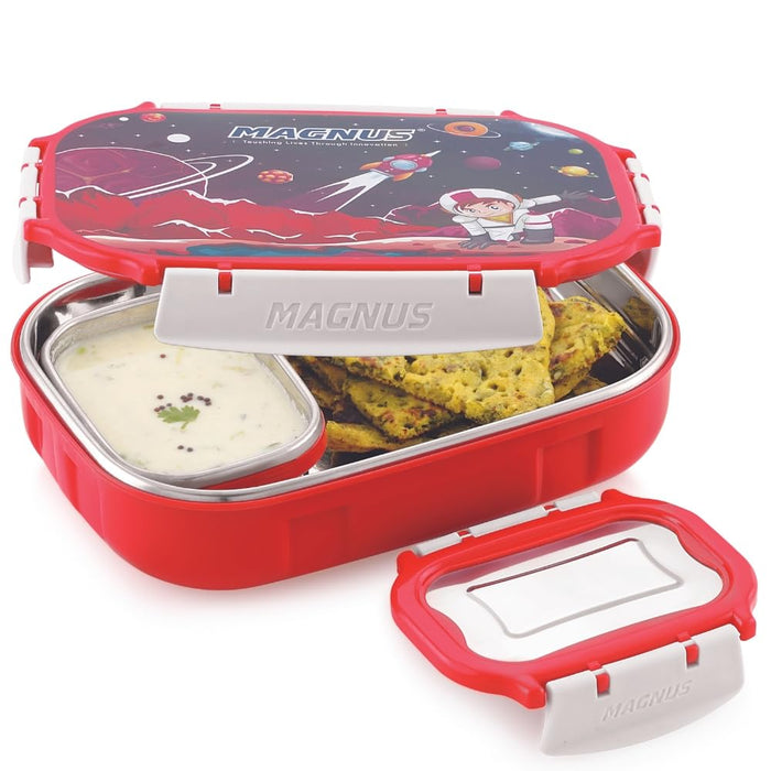 Magnus Spike Kids SP Red Lunchbox - 800ml Stainless Steel Tiffin & 150ml Container | Airtight, Leakproof Lunch Box | Easy Carry for Boys & Girls | Lunch Box for Kids & Office Men