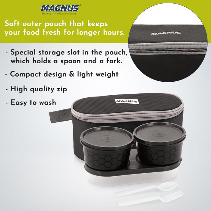 Magnus Feast 3 Microwave Safe Stainless Steel Lunch Box for Kids | Leakproof Tiffin with Insulated Cover | BPA-Free Containers | Lunch Boxes for Office Men & Women | Hot Food Safe | Black