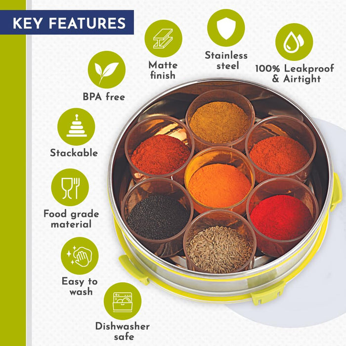 Magnus Vista 7 IN 1 Spice Box Stainless Steel with Middle Container Partitions | Masala Dabba Steel Masala Box For Kitchen Steel | Masala Dani For Kitchen See Through Lid | 7 Plastic Vati-Silver