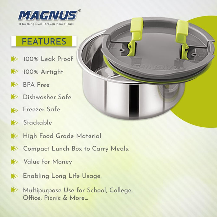 Magnus Olive 3 Lunch Box Set: Leak-Proof Stainless Steel Containers with Thermal Bag - Lunch Box for Kids and Lunch Boxes for Office Men - Airtight & Insulated Food Tiffin (950 ml)