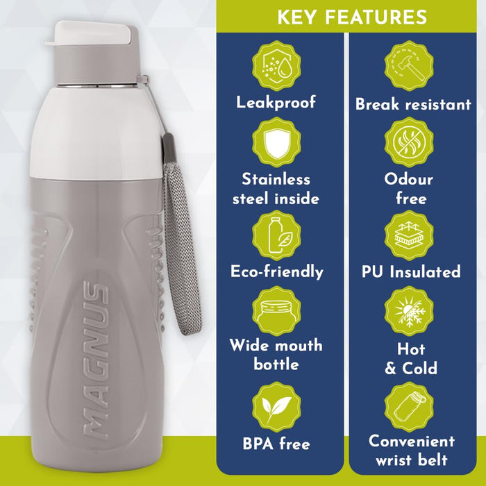 Magnus HyDrive 600 Sports Water Bottle - Insulated Bottle with Flip Lid, Leakproof Designed Bottle for Summer,Freezer-Friendly,Perfect for Kids & Adults for Office & School (Grey, 580ml)