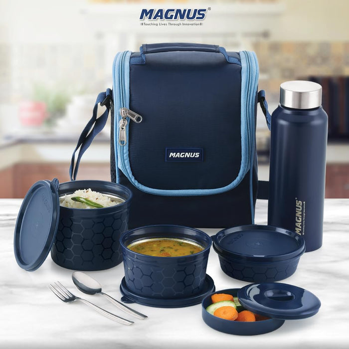 Magnus Microwave EVA 5 Lunch Box (Blue) - 3 Containers, Small Box, Bottle, Cutlery | Leakproof Stainless Steel Lunch Box for Kids, Lunch Boxes for Office Men, Women | Office & Microwave Safe