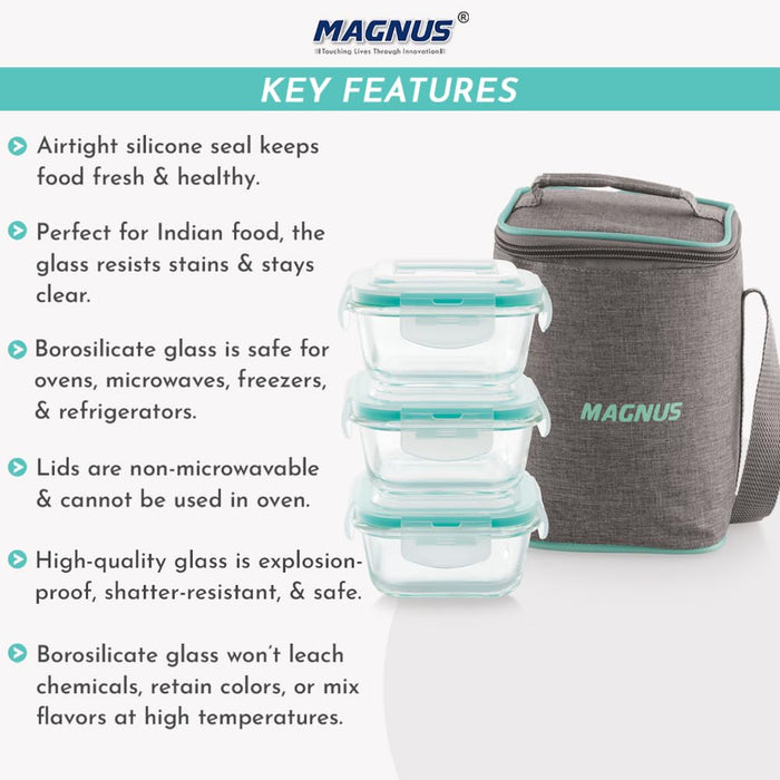 Magnus Vivid Glass Lunch Box with Linen Vertical Pouch and Fixed Clip, Includes 3 Square Airtight, Leakproof, Microwave Safe Borosilicate Glass Containers, 320 ML Each - Premium Lunch Boxes