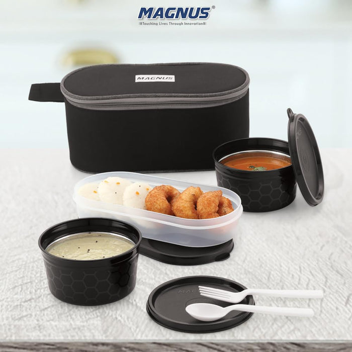 Magnus Feast 3 Microwave Safe Stainless Steel Lunch Box for Kids | Leakproof Tiffin with Insulated Cover | BPA-Free Containers | Lunch Boxes for Office Men & Women | Hot Food Safe | Black