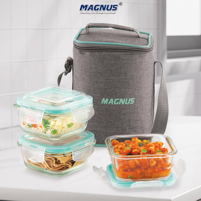 Magnus Vivid Glass Lunch Box with Linen Vertical Pouch and Fixed Clip, Includes 3 Square Airtight, Leakproof, Microwave Safe Borosilicate Glass Containers, 320 ML Each - Premium Lunch Boxes