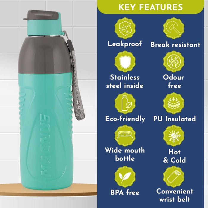 Magnus HyDrive 600 Sports Water Bottle - Insulated Bottle with Flip Lid, Leakproof Designed Bottle for Summer,Freezer-Friendly,Perfect for Kids & Adults for Office & School (Teal Blue, 580ml)