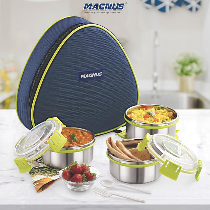 Magnus Fresh Meal 3 - Stainless Steel Lunch Box for Kids & Adults, Tiffin Box for Kids, Office, School | Klip Lock, Insulated Bag | Airtight, Leakproof & BPA-Free Food Container