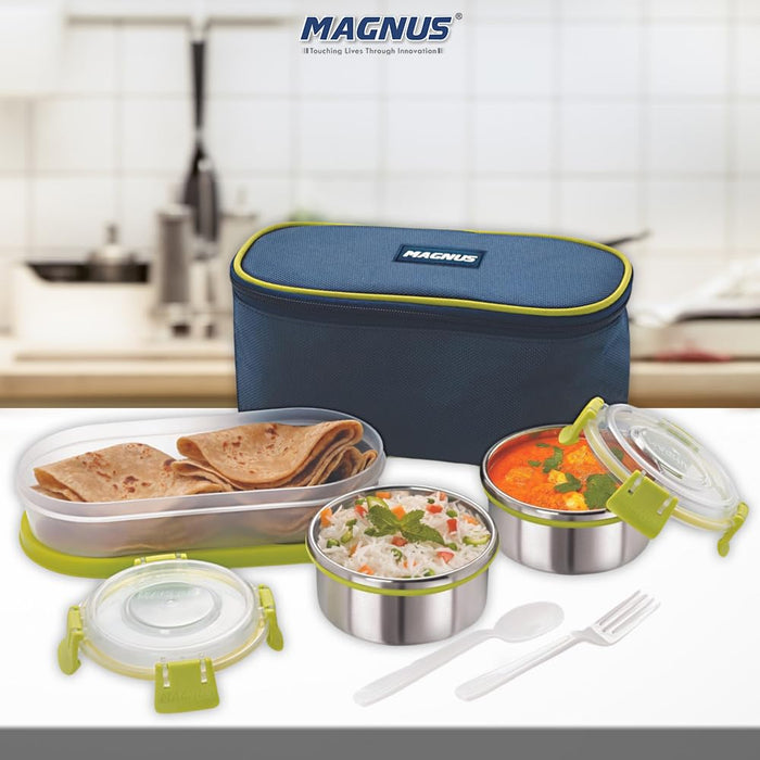 Magnus Avanza 3 Stainless Steel Lunch Box Set | 1050ml | Leakproof Tiffin with Bag | Ideal for Office, School, Men, Women, Kids| Air-Tight Food Carrier