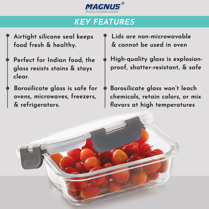 Magnus Glock Glass Food Rectangle Container with Break-Free Detachable Lock – Borosilicate Glass Lunch Box, Oven & Microwave Safe, 370ML - Kitchen Essentials, Lunch Boxes for Office Men