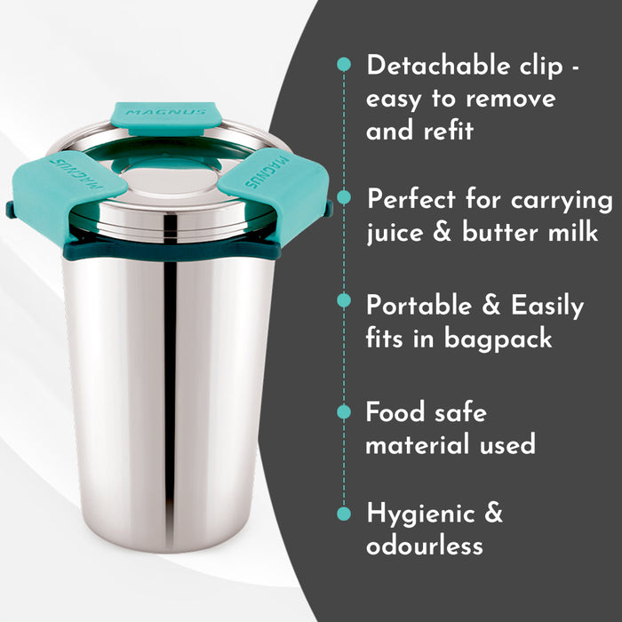 Magnus Stainless Steel Revlock Glass Glossy (350 ml) |Leak-Proof & Airtight Tumbler with Rev Lock Lid - Perfect for Travel, Office, and Kids | Ideal for Juice, Lassi, Buttermilk |Sleek & Portable