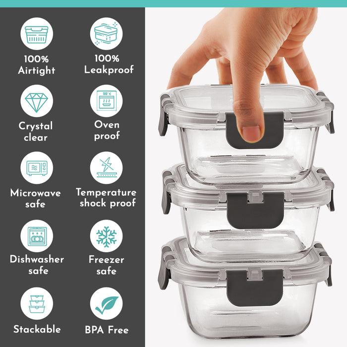 Magnus Glock Solid Glass Lunch Box with Vertical Pouch and Fixed Clip, Includes 3 Square Airtight, Leakproof, Microwave Safe Borosilicate Glass Containers, 320 ML Each