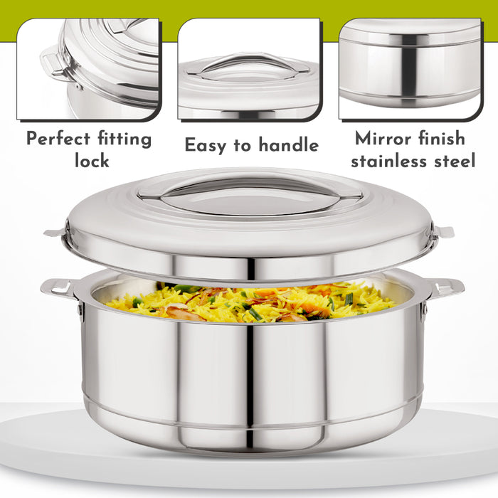 Magnus Rio Hot & Cold Double Walled Stainless Steel Casserole with Lid for 5000 ML, Silver | PU Insulated | Hot & Cold | Hygiene | Odourless | Stylish Design | Versatile Use for storing Rice-Gravy-Roti | Set of 3