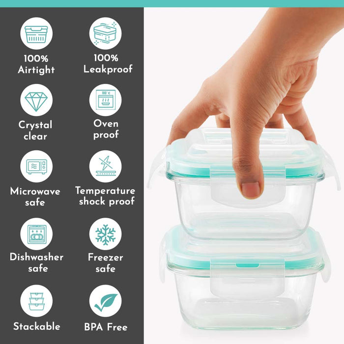 Magnus Vivid Glass Lunch Box with Flat Pouch and Fixed Clip, Includes 2 Square Airtight, Leakproof, Microwave Safe Borosilicate Glass Containers, 320 ML Each