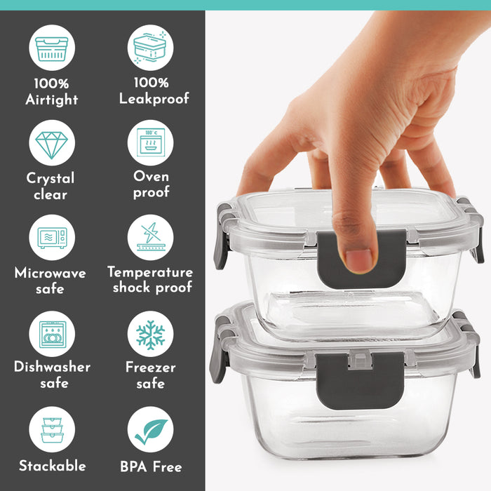 Magnus Glock Solid Glass Lunch Box with Flat Pouch and Fixed Clip, Includes 2 Square Airtight, Leakproof, Microwave Safe Borosilicate Glass Containers, 320 ML Each