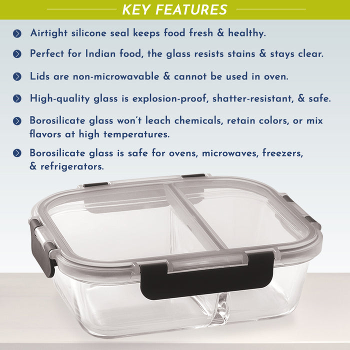 Glock Glass Food Divider Rectangle Container with Break-Free Detachable Lock, Oven & Microwave Safe Borosilicate Glass - 970ML