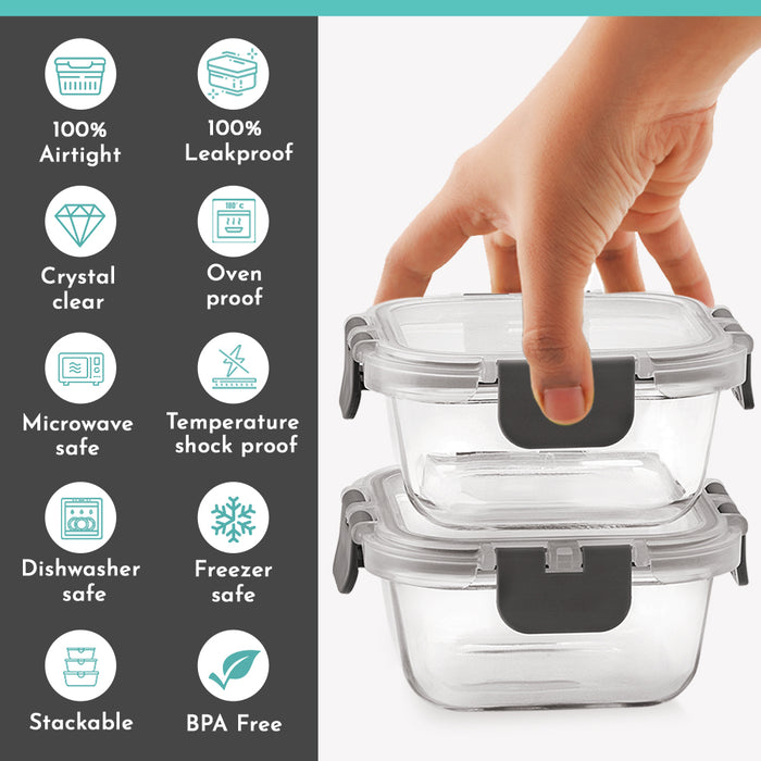 Magnus Glock Solid Glass Lunch Box with Vertical Pouch and Fixed Clip, Includes 2 Square Airtight, Leakproof, Microwave Safe Borosilicate Glass Containers, 320 ML Each