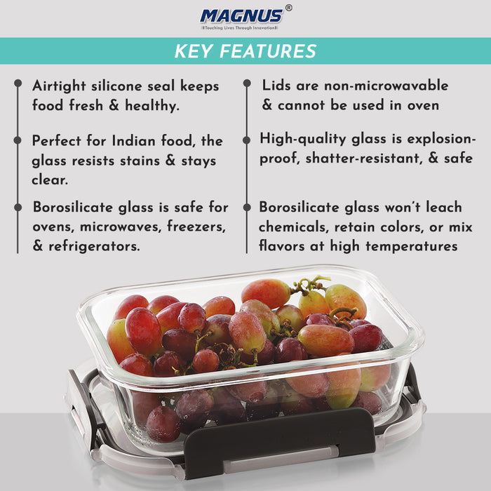 Magnus Glock Glass Food Rectangle Container with Break-Free Detachable Lock – Oven & Microwave Safe Borosilicate Glass 640ML – Lunch Box for Kitchen Essentials, Lunch Boxes for Office Men