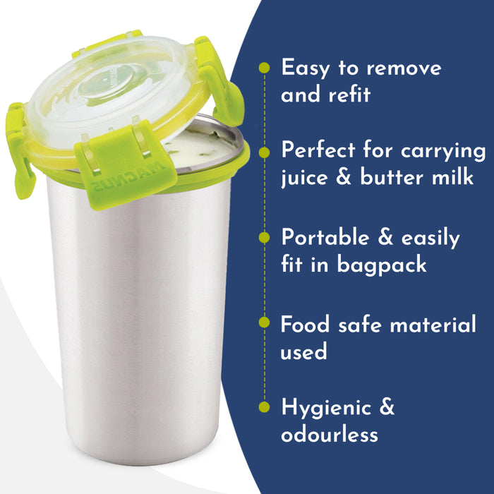 Magnus Stainless Steel Glossy Klip Lock Tumbler with Lid and Straw - 350ml | Leak-Proof & Airtight Tumbler - Ideal for Travel, Office, Kids | Perfect for Juice, Buttermilk