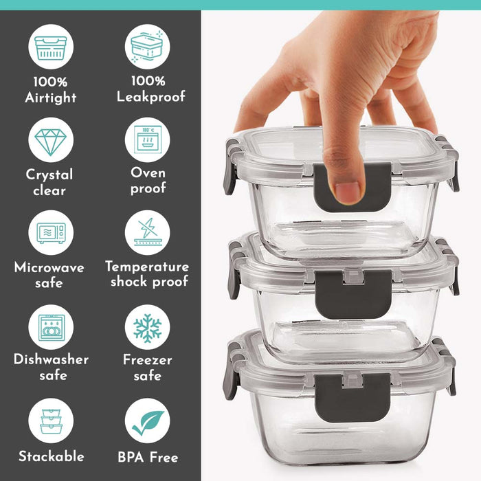 Magnus Glock Solid Glass Lunch Box with Vertical Pouch and Fixed Clip, 1 S S Bottle and 3 Square Airtight, Leakproof, Microwave Safe Borosilicate Glass Containers, 320 ML Each