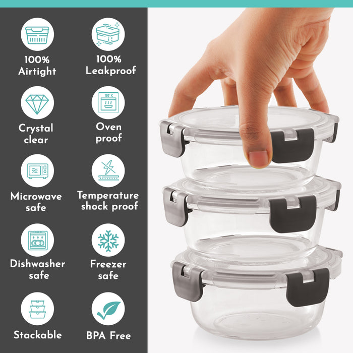 Magnus Glock Solid Glass Lunch Box with Vertical Pouch and Fixed Clip, Includes 3 Round Airtight, Leakproof, Microwave Safe Borosilicate Glass Containers, 400 ML Each