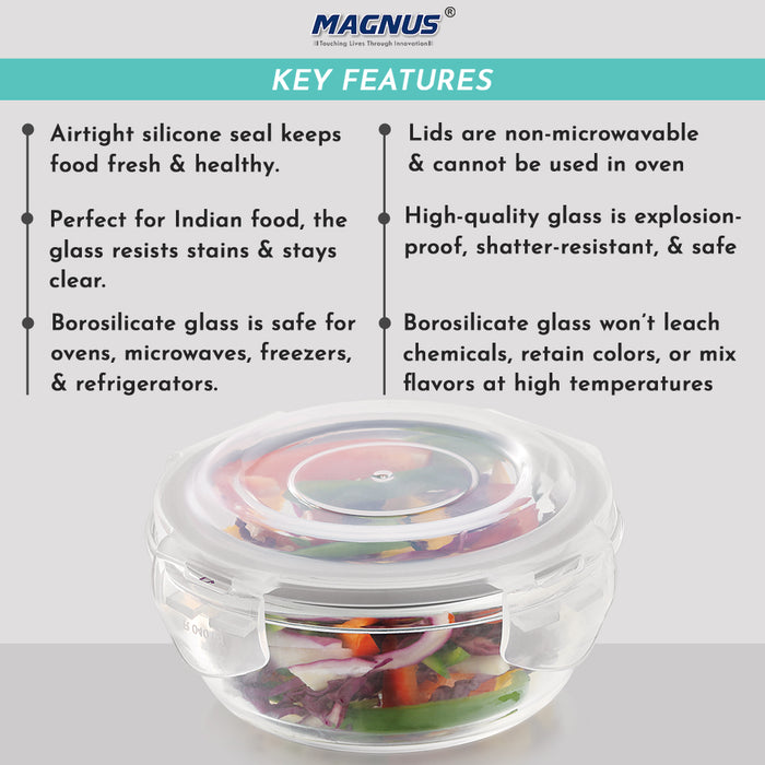 Vivid Glass Food Round Container with Break-Free Detachable Lock – Oven & Microwave Safe Borosilicate Glass - 400ML