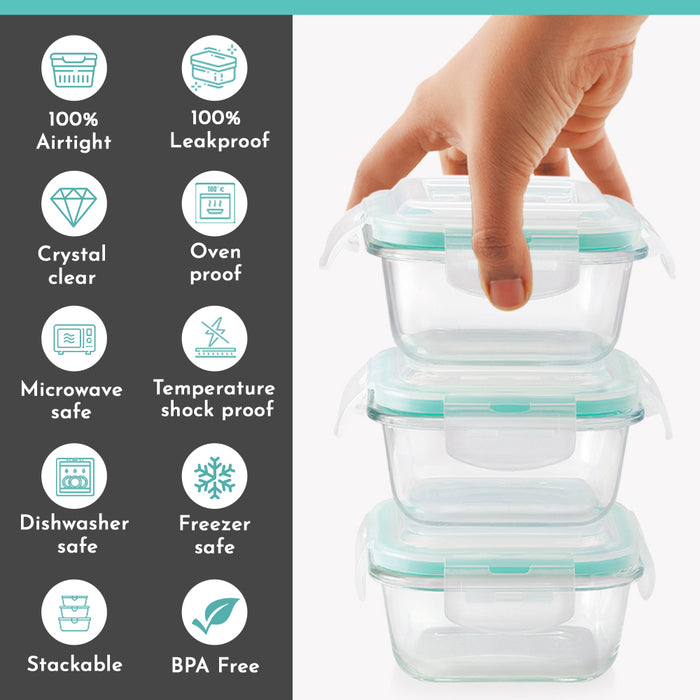 Magnus Vivid Glass Lunch Box with Vertical Pouch and Fixed Clip, Includes 2 Square Airtight, Leakproof, Microwave Safe Borosilicate Glass Containers, 320 ML Each