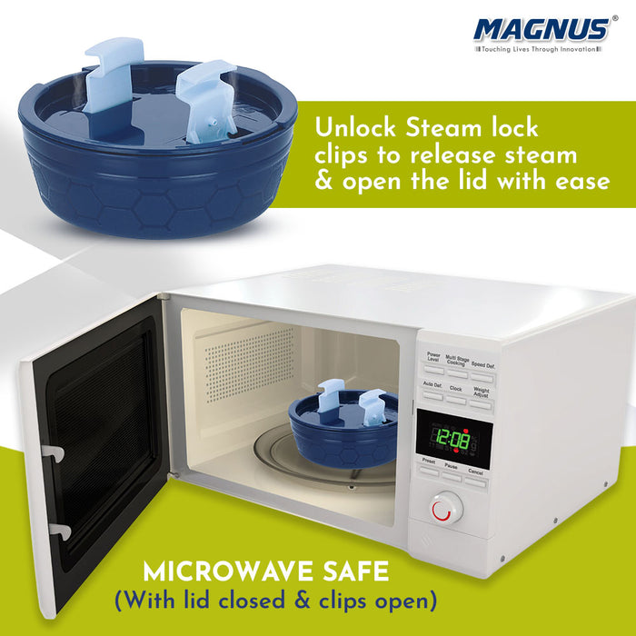 Magnus Microwave Safe Stainless-Steel Steam Lock Kitchen Food Storage Containers with Lid (150 ML) Blue Set of 2