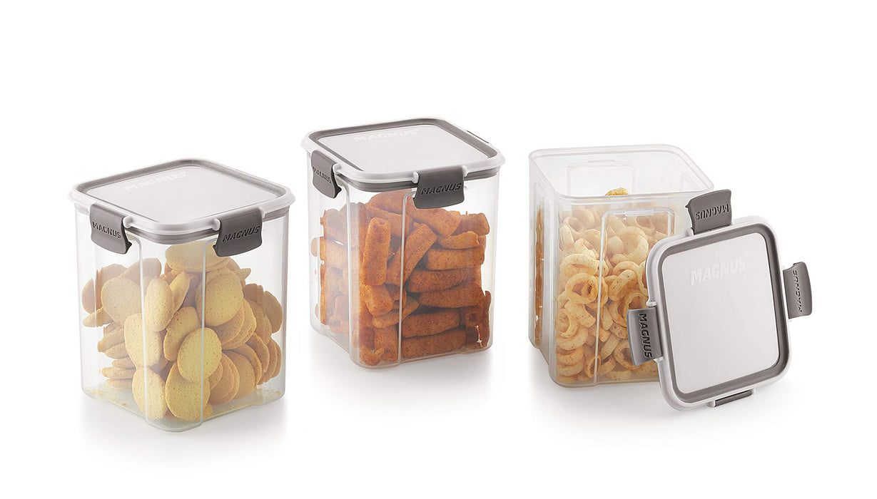 Magnus Modulock Airtight Plastic Food Storage Container Set of 3 pcs 950 ml Each, Grey and Transparent