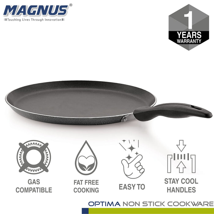 Magnus Optima Non-Stick Aluminum Dosa/Roti Tawa, Gas Stove Compatible,260 mm, 3 mm Thickness, (Grey & Black)